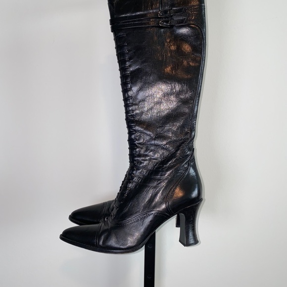 Vintage Victorian Style Via Spiga Black Genuine Patent Leather Laced Tall Boots - Picture 9 of 15